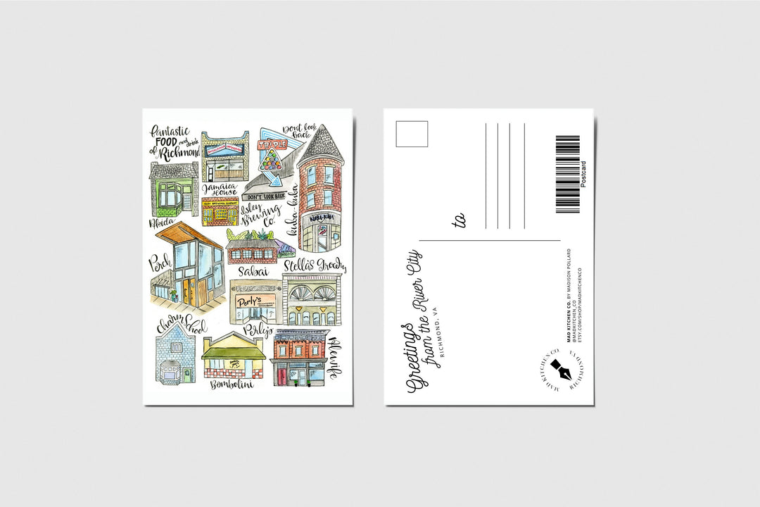 Richmond Restaurants Postcard | RVA Virginia Main Street Carytown Shockoe Bottom Perch James River Foodie Perlys Alewife Bombolini Isley Mad Kitchen Co.