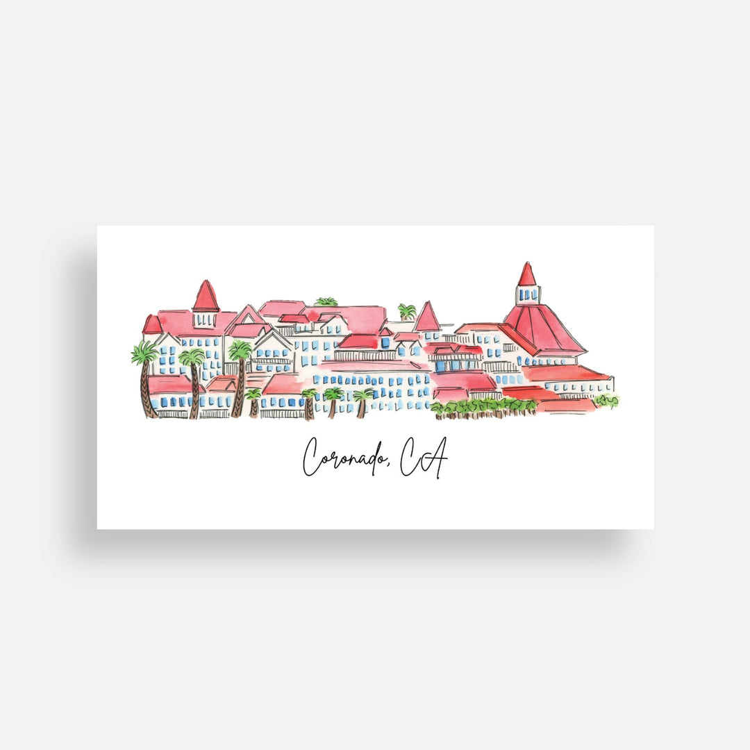 Coronado, CA Art Print/Postcard | San Diego Bay Watercolor Hotel Del Coronado California Little Italy Ferry Landing Centennial Park Pacific Mad Kitchen Co.