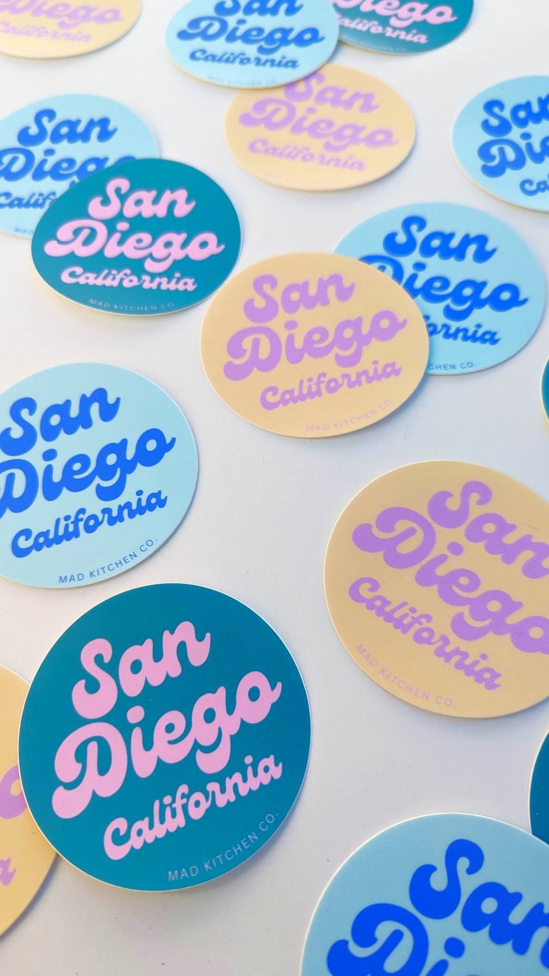 San Diego Stickers | Vinyl circle groovy bright colors gift vintage 70s boho decal water bottle california CA ocean beach north park Mad Kitchen Co.