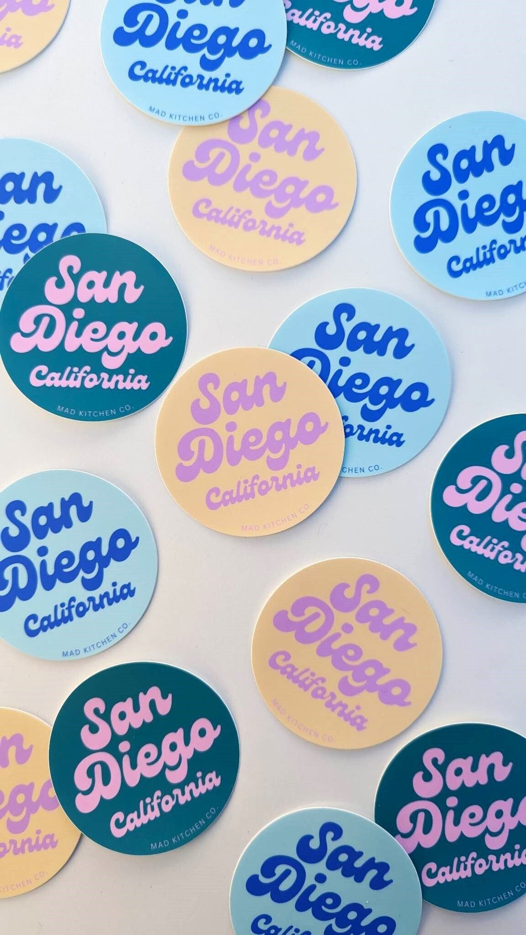 San Diego Stickers | Vinyl circle groovy bright colors gift vintage 70s boho decal water bottle california CA ocean beach north park Mad Kitchen Co.