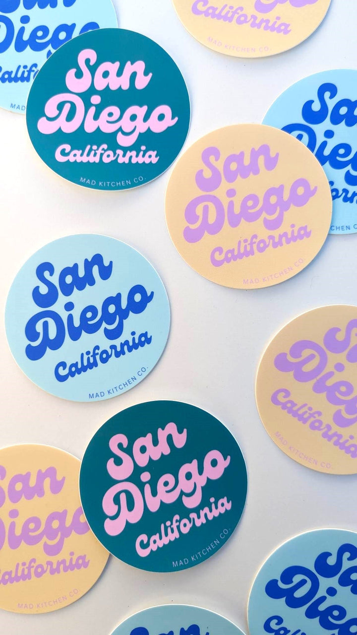 San Diego Stickers | Vinyl circle groovy bright colors gift vintage 70s boho decal water bottle california CA ocean beach north park Mad Kitchen Co.
