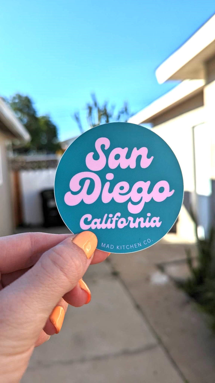 San Diego Stickers | Vinyl circle groovy bright colors gift vintage 70s boho decal water bottle california CA ocean beach north park Mad Kitchen Co.