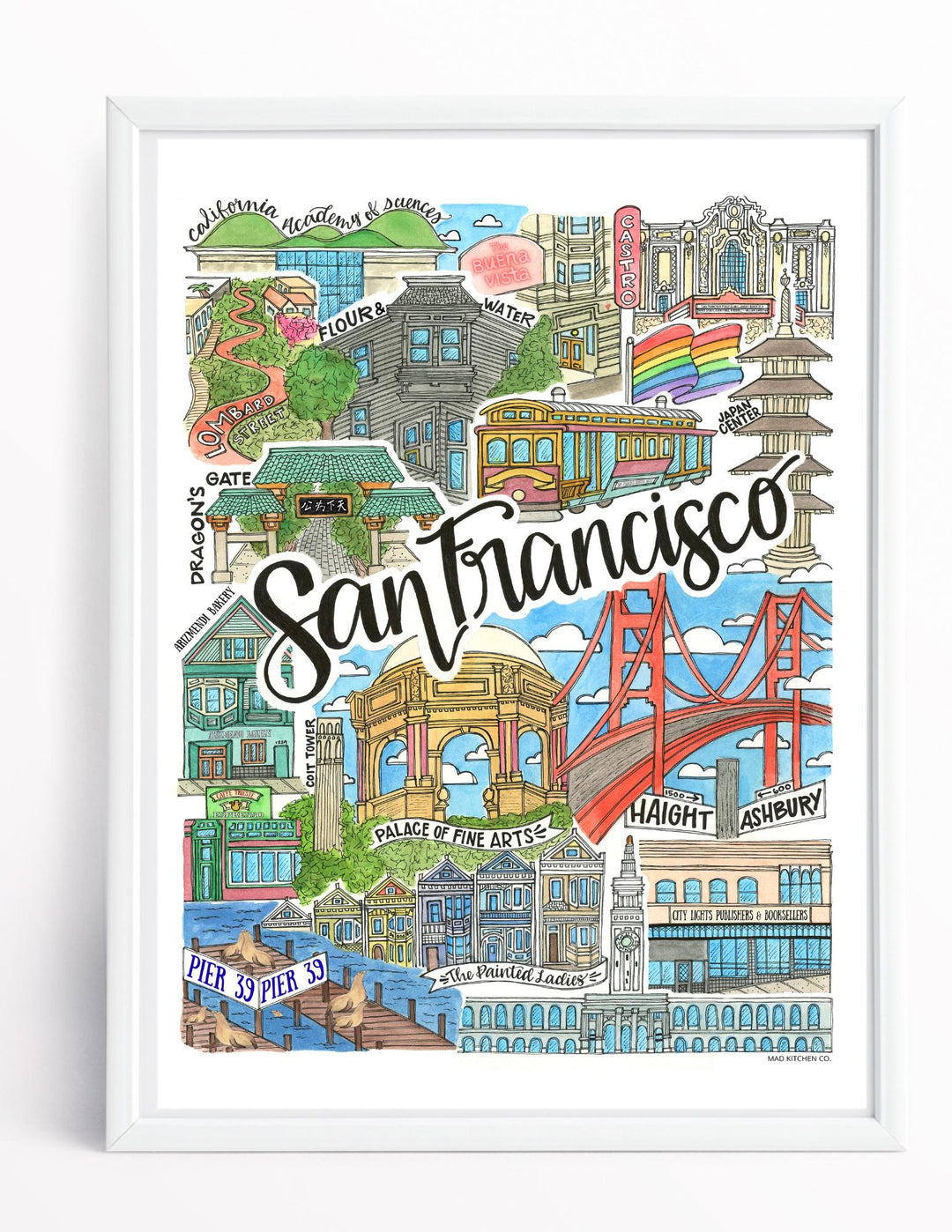 San Francisco Art Print + Postcard | The Castro The Mission Haight Ashbury Northshore, Knob Hill, Golden Gate, Chinatown, Pier39, Marina Dis