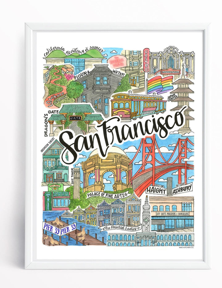 San Francisco Art Print + Postcard | The Castro The Mission Haight Ashbury Northshore, Knob Hill, Golden Gate, Chinatown, Pier39, Marina Dis